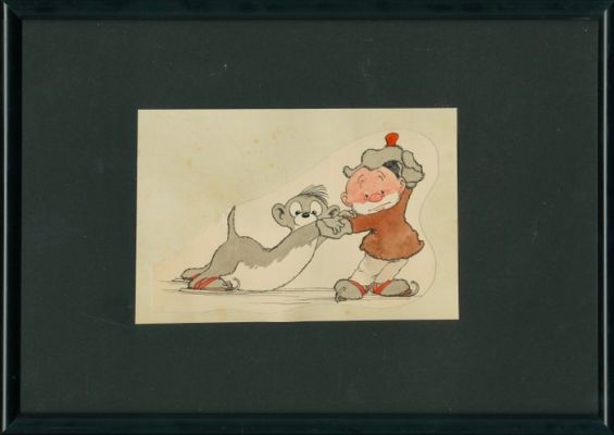 Jean Dulieu - 1 aquarelle originale - Paulus de Boskabouter - Boze Paulus en Gregorius - schaatspret - jaren 1950 | Catawiki