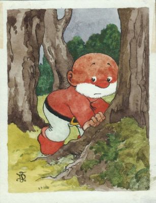 Jean Dulieu (Jan van Oort) - 1 Original colour drawing - Paulus de Boskabouter - Paulus verstopt zich achter een boom. - 1962 | Catawiki