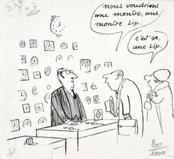 Sempé, Jean-Jacques (1935) | Nous voudrions une montre, une montre Lip Encre de Chine pour l’une des illustrations... | Coutau Bégarie