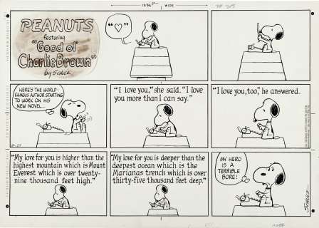 Charles Schulz - Peanuts Sunday Comic Strip Dated 8-27-1972 (Snoopy in All 8 Panels on His Classic Dog House Typing a Love Story! Lol)