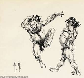 Frank Frazetta - Original Art Sketch, Victory Dance, 2 Cavemen (undated). A great combination of an ink gestural - | Heritage