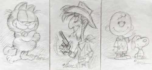 Joan Vizcarra | 3 Original Preparatory Sketches  - Charlie Brown, Garfield & Lucky Luke | Catawiki