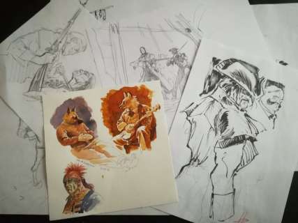 Hérenguel, Éric - 6x Crayonné original + Un dessin de 3 personnages en couleurs - Ulysse 1781 - (2014) | Catawiki