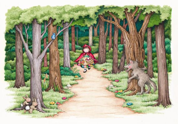Lot 77 - Mary Engelbreit, (b. 1952), "Little Red Riding Hood had not gone very far before she met a wolf." 2007. | Swann Galleries