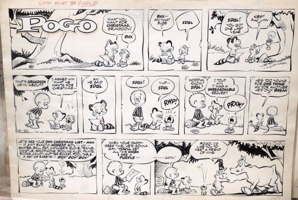 Walt Kelly | Kelly, Walt - Pogo Sunday 12/20 1959, Pogo, Tad & Howland Brings a Purple Cow | Cool Lines Art