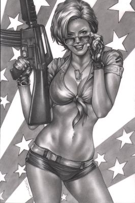 Monte Moore | Patriotic Army Babe with Big Gun Rendered Graphite Art - Signed | Anthony’s Comic Book Art