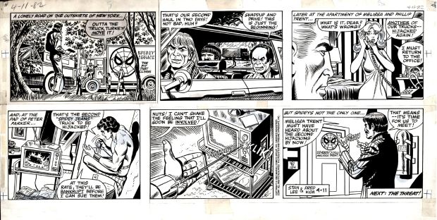 Fred Kida, John Romita Sr. | Earlier Amazing Spider-Man Sunday Strip 4-11-1982 (Romita Finishes. Peter on Wall in Partial Costume Fixing His Web-Shooters with 2 Spider Signal Emblems Shown!) | Romitaman