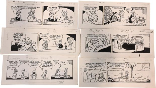 8 Chris Browne and Dick Hodgins Jr, Hagar the Horrible Daily Comic Strip Original Art, Ink on paper, thirteen original… | misc / divers