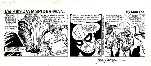 Fred Kida, John Romita Sr. - Amazing Spider-Man Daily Comic Strip (Spider-Man in All 3 Panels Confronting Gun Toting Doctor! Signed By John Romita!) 12-23-82