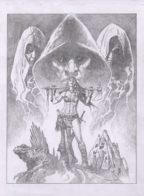 Warrior Woman with Shadowy Cloaked Figures Overhead Large Pencil Art - Signed | Anthony’s Comic Book Art