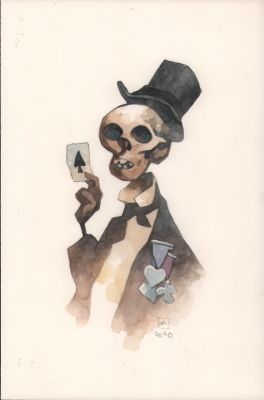 Mike Mignola - Skullhead with Playing Card Painted Art - Signed - 2020