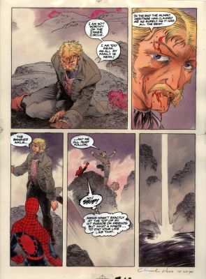 Charles Vess | Vess, Charles - Amazing Spider-Man: Spirits of the Earth Graphic Novel Large Painted Pg 69 , Spidey Stopping Victim Falling in Moors 1990 | Cool Lines Art