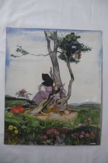 Originele aquarel - Scene met 2 personages onder een wilg en een weg galopperende ruiter  - (1945) | Catawiki