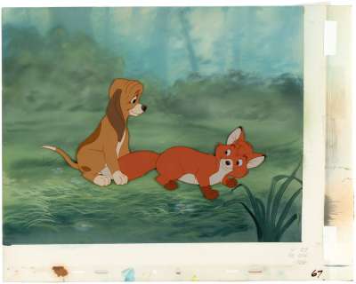 "THE FOX AND THE HOUND" COPPER & TOD PRODUCTION CEL SETUP WITH PRELIMINARY PRODUCTION BACKGROUND. | Hake’s