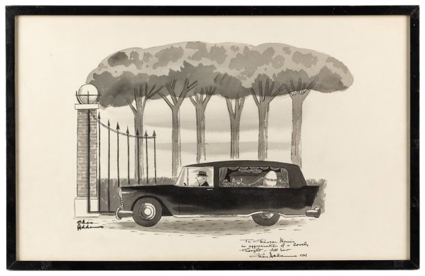 Lot 12 - ADDAMS, Charles (1912 - 1988). Hearse scene New Yorker cartoon, and three letters. | Potter & Potter