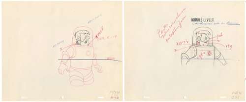 Tintin - 2x Croquis préparatoire pour film d animation - Le capitaine Haddock - On a marché sur la lune - Page volante - EO - (1960/1962) | Catawiki