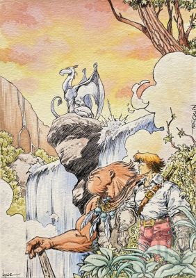 Tarquin / Lyse / Lanfeust de Troy. Illustration originale de grande qualité publiée dans l‘album intégrale édité en 2017 (inclus). Superbe mise en scène et rendu des couleurs. Rare. Encre de Chine et aqaurelle. Signé. TBE+. 21 X 30 cm - Lot 370 : +