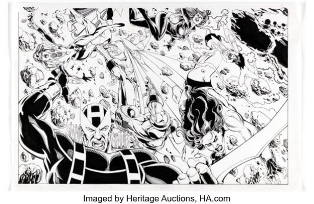 Al Vey [George Peréz lightboxed] Avengers #34 Double Page Spread 4-5 Inks Original Art (Marvel, 2000). (Total: 5 Original Art) | Heritage