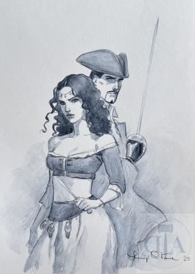 Critone / Le Scorpion. Dessin Original Du Couple Héros Réalisé À L’aquarelle Dans Un Ton Monochrome. Signé Et Daté 2025. Tbe+. Format A4 | Lot 521 : Critone / Le Scorpion. Dessin original du couple héros réalisé à… | Dagoty