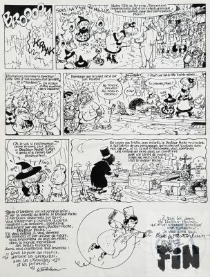 Wasterlain / Docteur Poche. Planche Originale de Fin de L’album T14 "Dr Poche Et Les Citrouilles Ensorcelées" Qui Se Passe Au Cimetière La Nuit D’halloween. Rare. Encre de Chine Signée Vers 2000. Tbe. 38 X 50 Cm | Lot 570 : Wasterlain / Docteur Poche. Planche originale de fin de l’album T14… | Dagoty