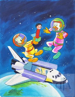 Walt Disney / Couverture Originale Du Journal de Mickey N°1522 de Août 1981 Mettant En Scène Donald Et La Navette Spatiale. Rare. Très Belle Réalisation À La Gouache. Tbe+. ! 30 X 36 Cm ! | Lot 655 : Walt Disney / Couverture originale du journal de Mickey n°1522 de… | Dagoty