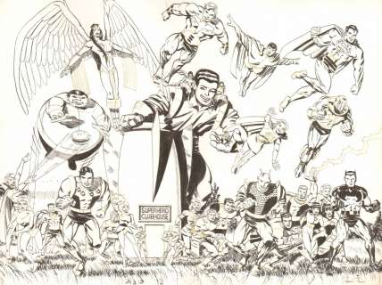 Frank Fosco - entire legion of super-heroes double page spread commission - signed