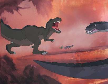 Don Bluth - Original Production Cel + Copy Background + color model drawing - The Land Before Time - Original celluloid - (1988) | Catawiki
