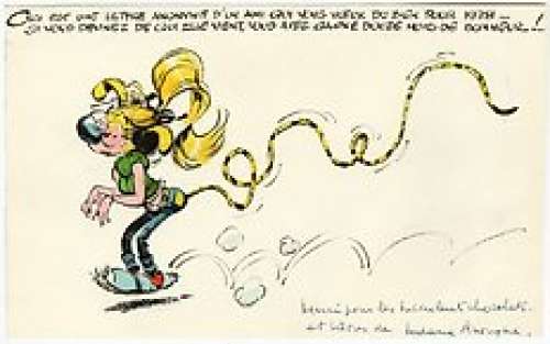 Franquin - Illustration originale pour une carte de vÅ“ux personnelle - Mademoiselle Jeanne déguisée en Gaston, Marsupilami et Pompon - (1978) | Catawiki