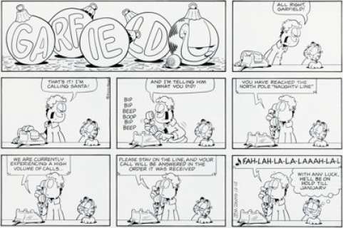 Jim Davis Garfield Sunday Comic Strip Original Art Christmas Theme dated 12-12-10 (PAWS, Inc., 2010).... | Heritage