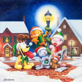 Jim Davis Studio - Garfield and Friends Christmas Painting Original Art (undated). Garfield shows off his singing - | Heritage