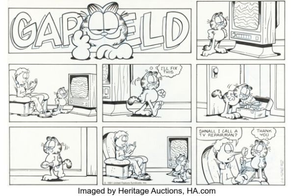 Jim Davis Garfield Sunday Comic Strip Original Art dated 4-7-91 (United Feature Syndicate, 1991). | Heritage