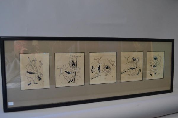 Rare group of five cartoons forming a comic strip mocking a Japanese soldier by Vane Lindesay, signed at lower right of… | misc / divers