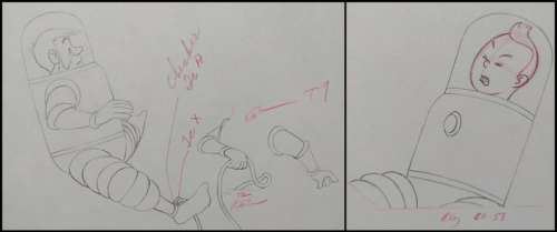 Tintin - 5x Original drawings - Tintin and Captain Haddock on moon scene - On a marché sur la lune - (1960) | Catawiki
