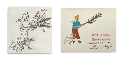 Hergé | Tintin - Dessin original "Tintin et l’affaire Suez" + Carte de VÅ“ux 1957 signée Hergé - No Reserve Price - (1956) | Catawiki