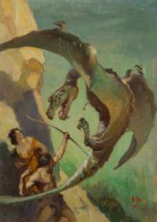 James Allen St. John (American, 1872-1957)
 At the Earth’s Core book dust jacket, 1922
 Oil on board
 33 x 23.25 in.... | Heritage