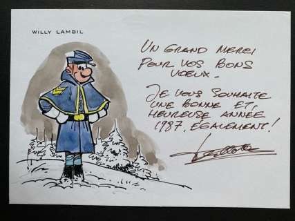 Willy Lambil | Lambil - Dessin original signé & dédicacé - Le Caporal Blutch avec bon voeux pour 1987 - Les Tuniques Blues - (1986) | Catawiki