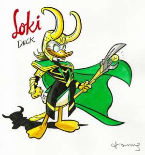 Tony Fernandez, Disney Artist | Donald Duck inspired by Loki - Original Painting - Signed by Tony Fernandez - Acrylic Art | Catawiki