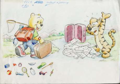 Studio Disney | Winnie l’ourson - grand dessin original aux crayons de couleur - Winnie et Tigrou - Page volante - (1980) | Catawiki