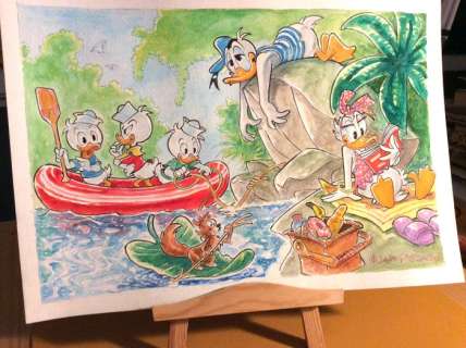 Alessandro Gottardo | Donald Duck - â€œDomenica al lagoâ€ - dipinto a colori originale di Alessandro Gottardo - Page volante - (2021) | Catawiki