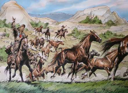 Derib (Claude de Ribaupierre) | Derib - Dessin original panoramique en couleurs directes - Buddy Longway | Catawiki