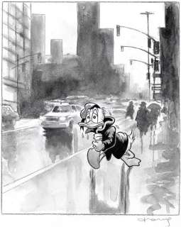 Tony Fernandez | Donald Duck - A Rainy Day In The City - Original Painting - 50 x 35 cm - Tony Fernandez - Original Watercolor Artwork | Catawiki