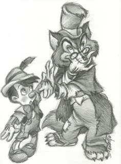 Joan Vizcarra | Pinocchio & Honest John - Original Drawing - Joan Vizcarra - Pencil Art - Original Artwork | Catawiki