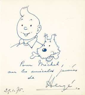 Hergé | Tintin et Milou, dédicace à l’encre bleue sur feuille libre. | Septimus