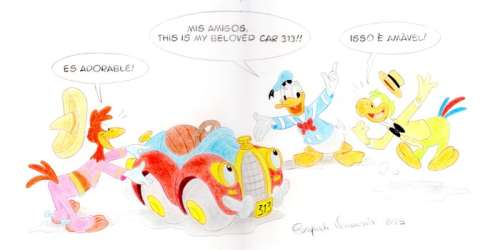 Pasquale Venanzio | The 3 Caballeros - Donald showing his car to Josè Carioca and Panchito - Signed Colour Drawing by Pasquale Venanzio | Catawiki