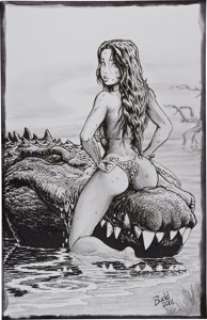 Budd Root Cavewoman on Crocodile Illustration Original Art (2001). Famous for his amply-endowed (and scarcely -