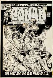 Gil Kane Conan the Barbarian #12 Cover Original Art (Marvel, 1971). Seven against one? No problem, if that - | Heritage