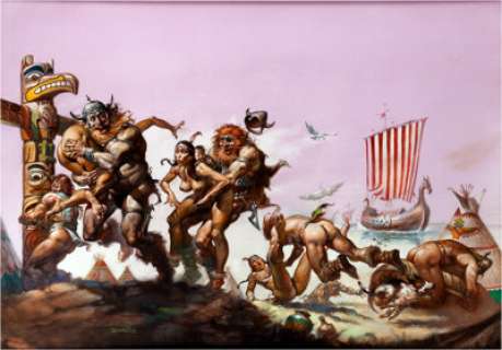 Boris Vallejo National Lampoon #74 May 1976 Page 90-91 "Discovery of America (c. 1000 A.D.)" -