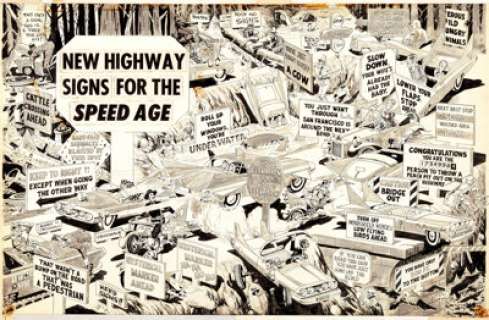 John Severin (attributed) Cracked Magazine "New Highway Signs For the Speed Age  2-Page Spread Original -