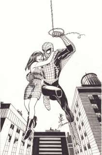 John Romita Jr., Scott Hanna - spider-man and mary jane watson web-slinging with background - signed