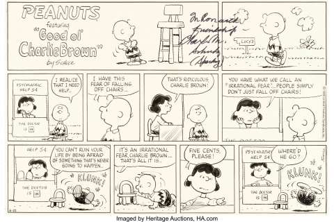 Schulz, Charles | Charles Schulz Peanuts Sunday Comic Strip Lucy’s Psychiatric Booth Original Art dated 6-22-1986 (United Feature Sy... | Heritage